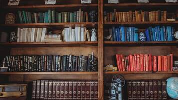 A bookshelf with books, a globe, and a vintage camera.