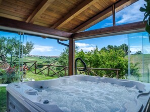 Un bain à remous doté d’un plafond en bois et de grandes fenêtres donnant sur un paysage verdoyant.