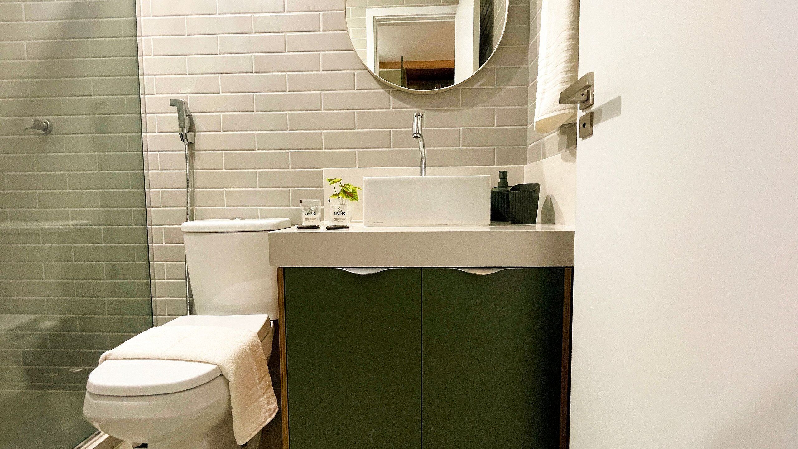 A modern bathroom with a white toilet, a sink with a mirror above, and a shower area.