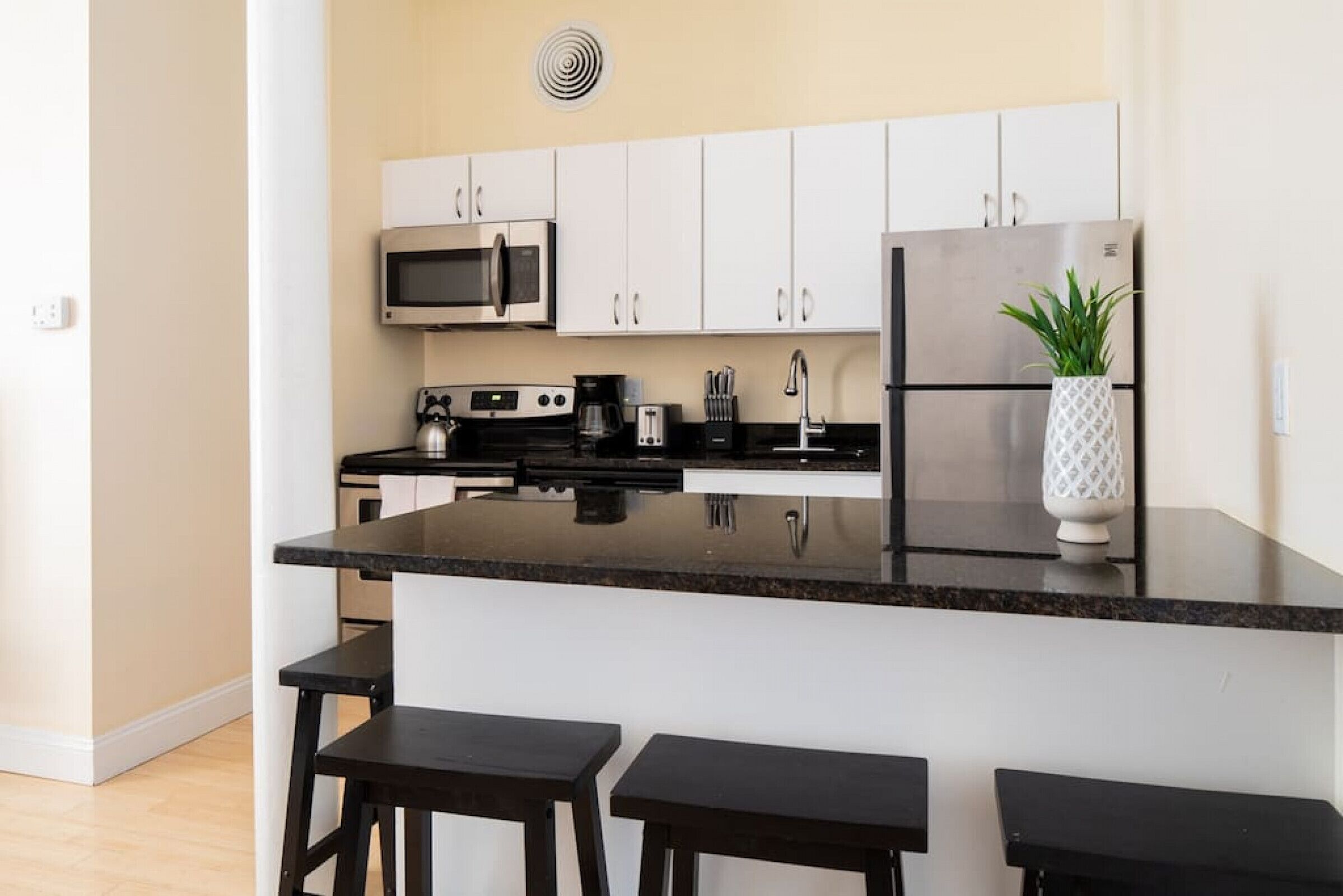 Fridge, microwave, dishwasher, coffee/tea maker