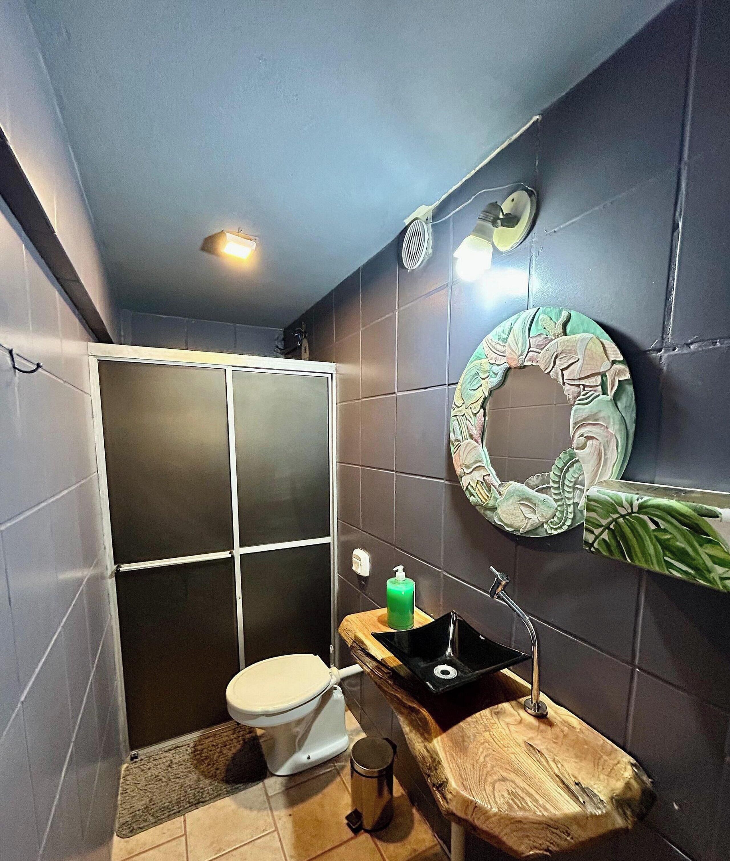 Un baño pequeño con ducha, inodoro y lavamanos.