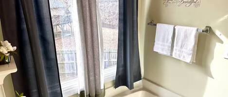 Hair dryer, towels, soap, toilet paper