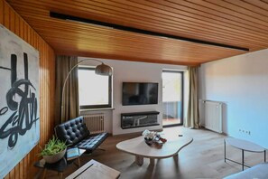 Smart TV, chimenea y libros 