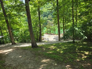 A forested area with a gravel path leading to a clearing with picnic tables and benches.