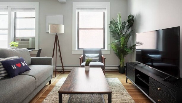 A modern living room with a sofa, coffee table, TV stand, and a potted plant. - Airy 1BR Walkable to Everywhere in Boston | W+D (Boston)