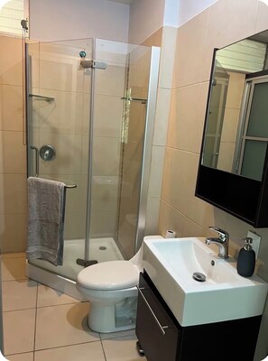 Douche, serviettes fournies, savon, papier toilette