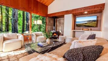 TV connectée, cheminée, table de tennis de table, livres