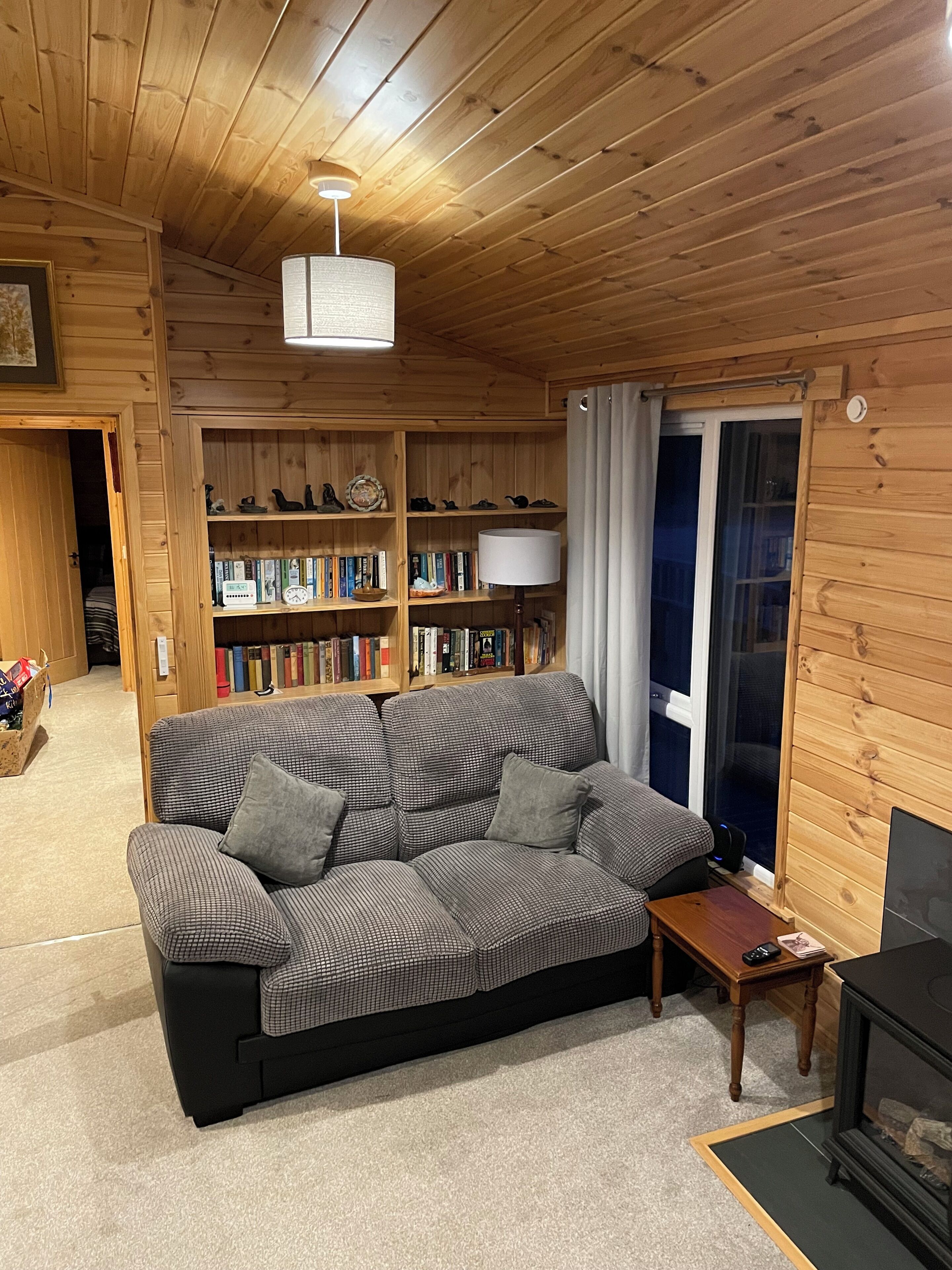 Un salon chaleureux avec un canapé, une bibliothèque, une lampe et une cheminée.