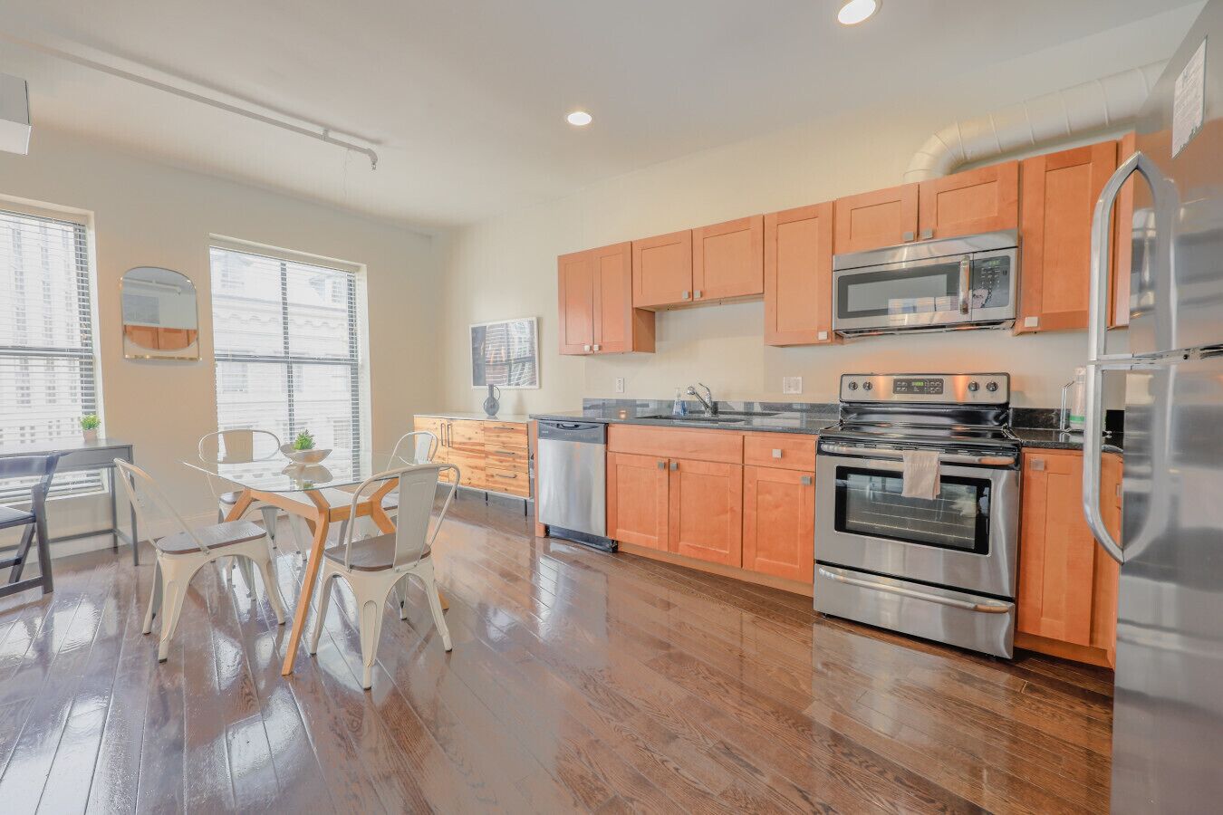 Fridge, coffee/tea maker, cookware/dishes/utensils