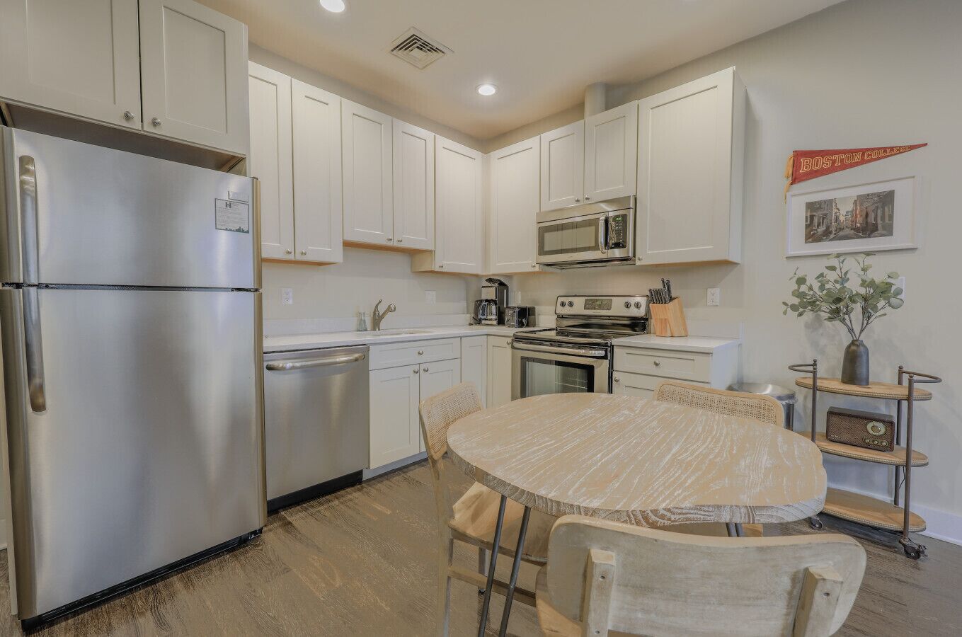 Fridge, coffee/tea maker, cookware/dishes/utensils