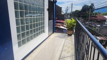 Un balcón con piso de baldosas, una planta en maceta y vista a la calle.