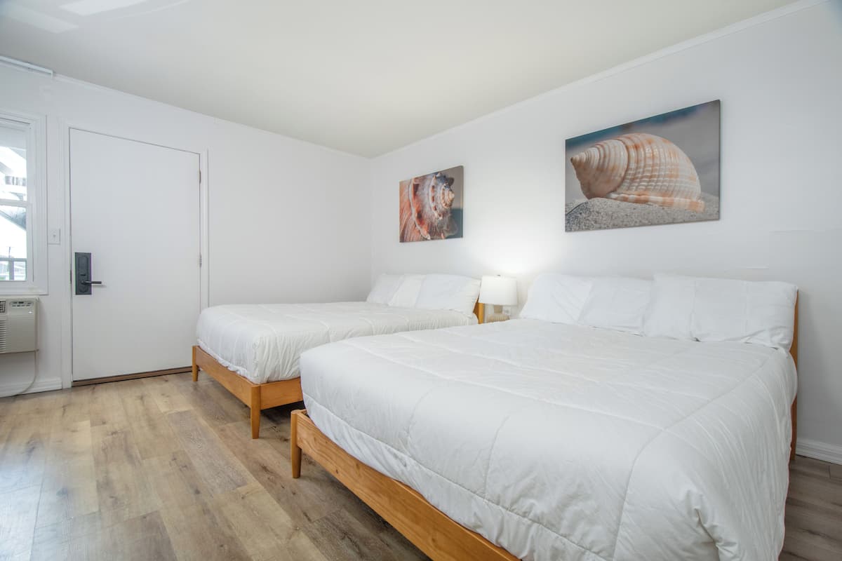 Een hotelkamer met twee bedden, een deur, een airconditioning en twee foto’s aan de muur.