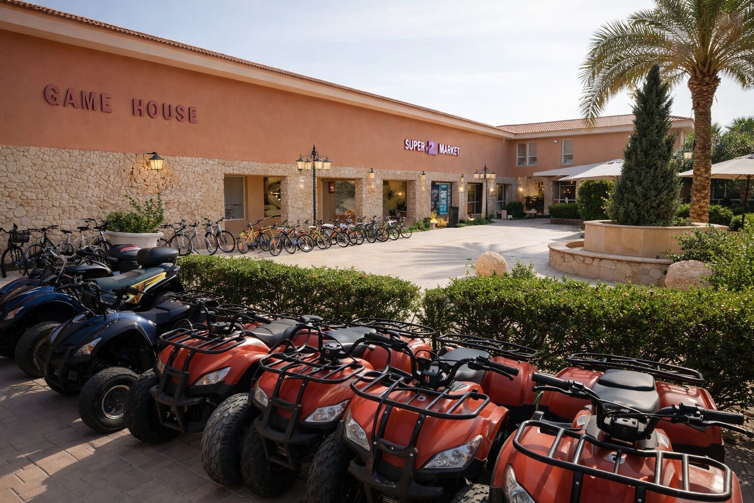 A building with a sign reading "GAME HOUSE" and "SUPER 2 MARKET" with ATVs parked in front.