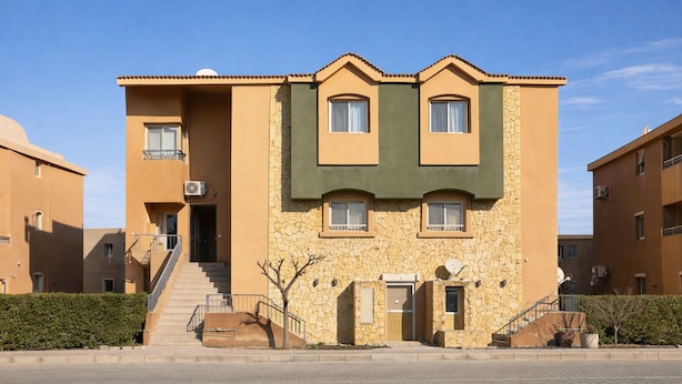 Un edificio residencial de varios pisos con fachada de piedra, una entrada central con puerta y una escalera que conduce a ella.