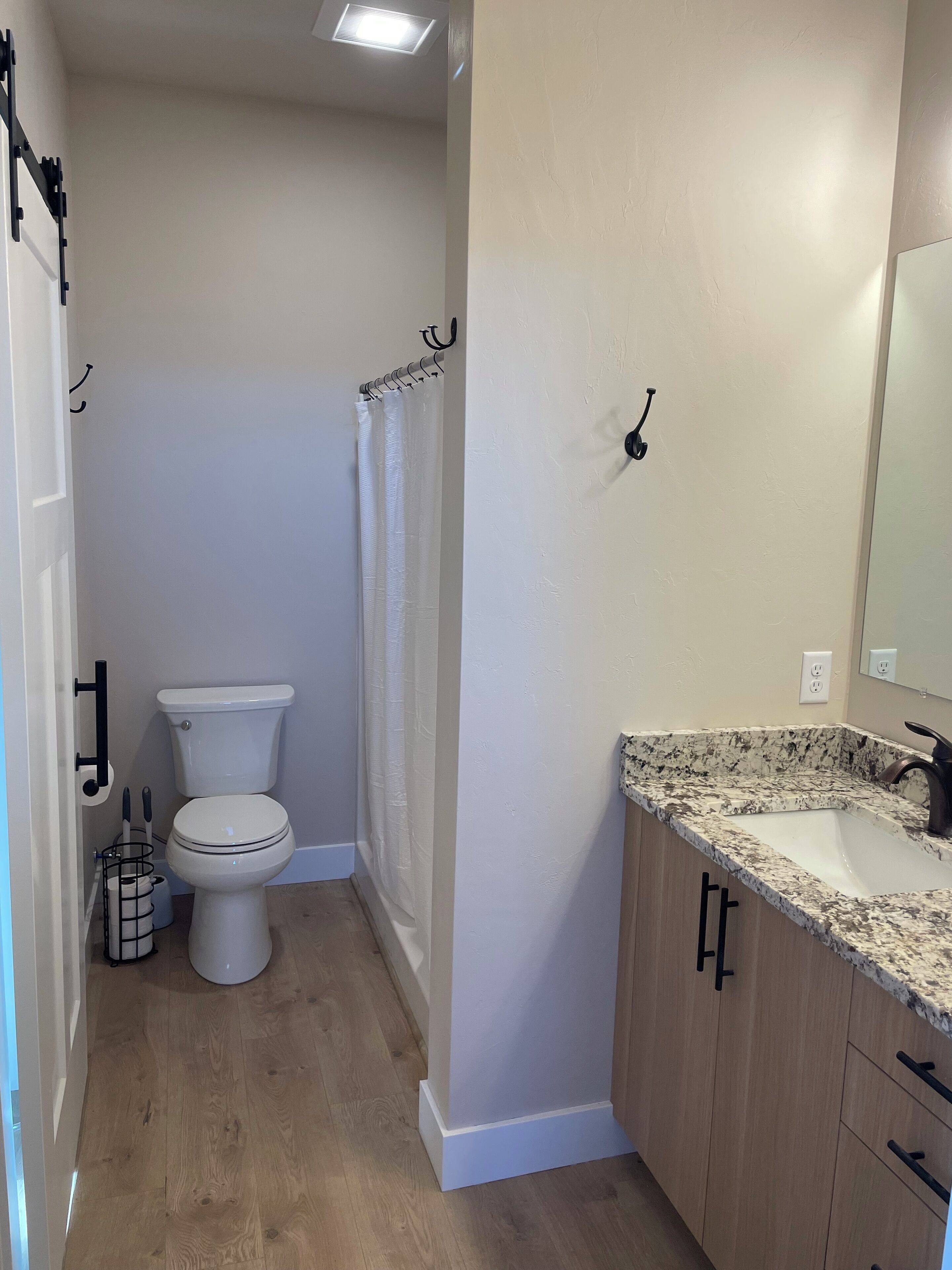 Hair dryer, towels, soap, toilet paper