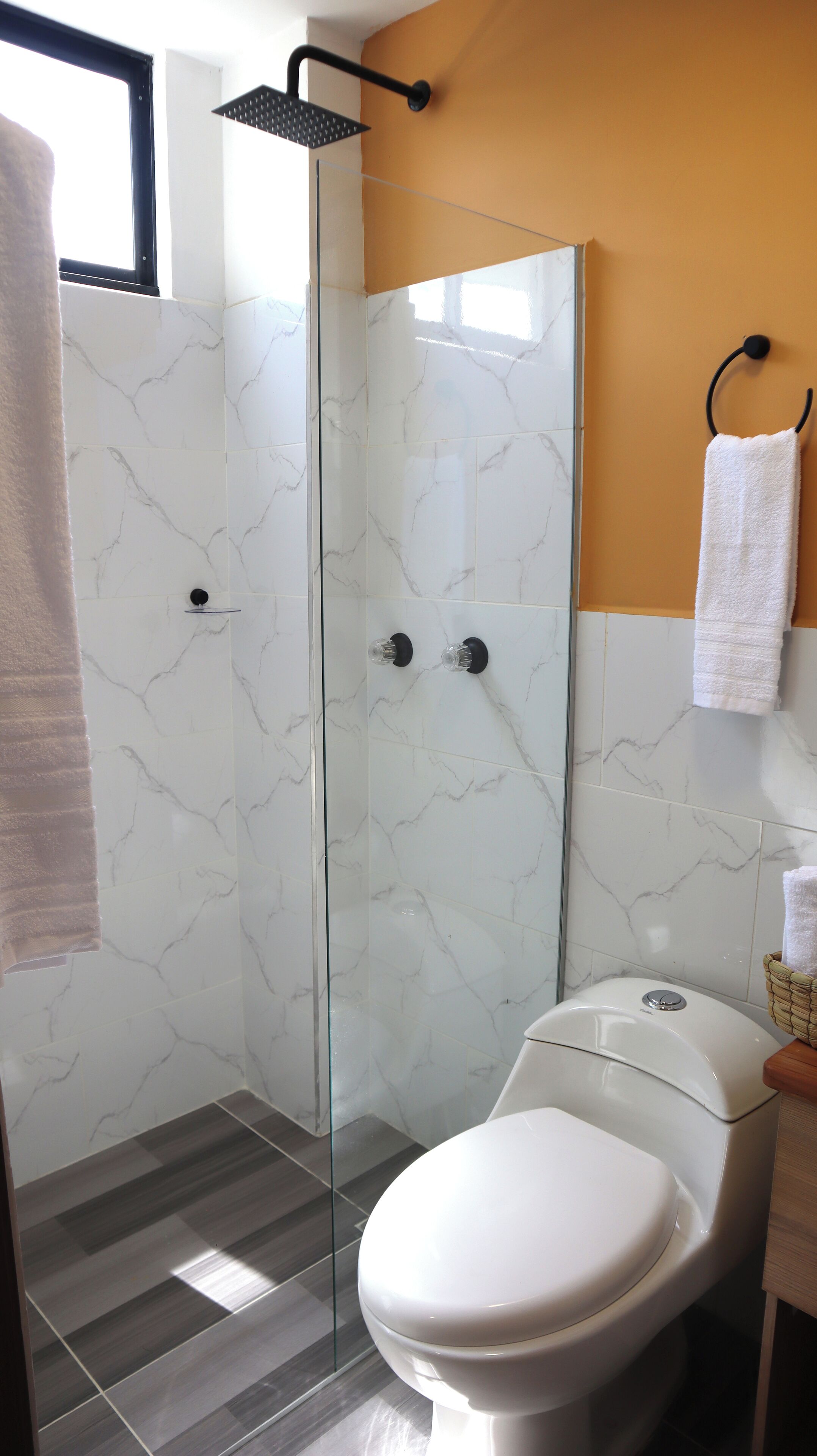 Shower, towels, soap, shampoo