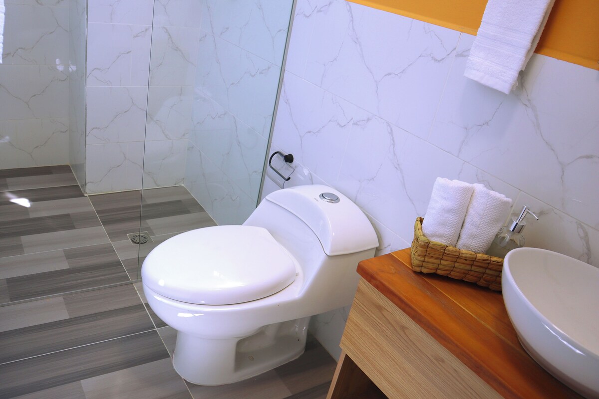 Een badkamer met toilet, wastafel en douche.