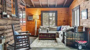 TV, fireplace, books, stereo