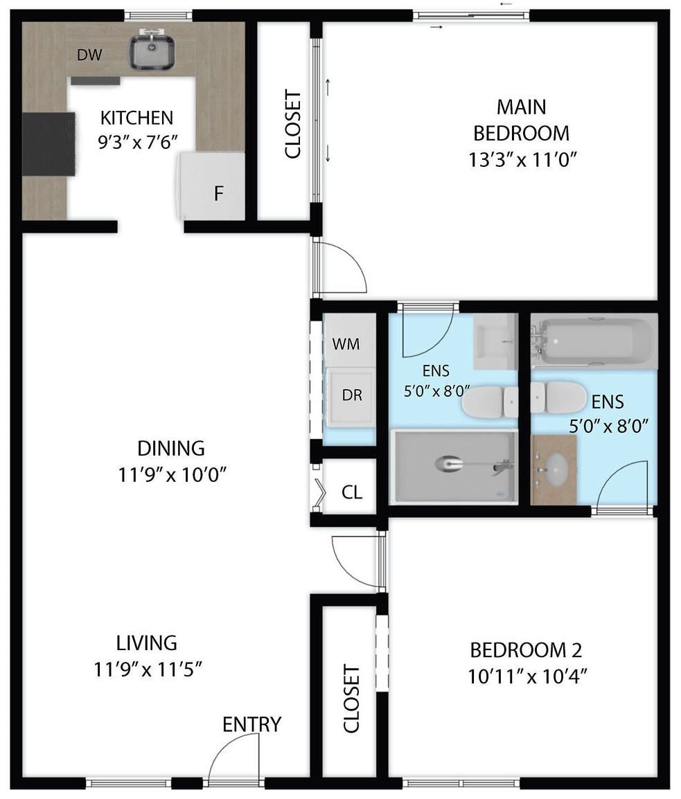 Grundriss einer Wohnung mit Hauptschlafzimmer, zwei Schlafzimmern, Küche, Essbereich, Wohnzimmer und Bad.