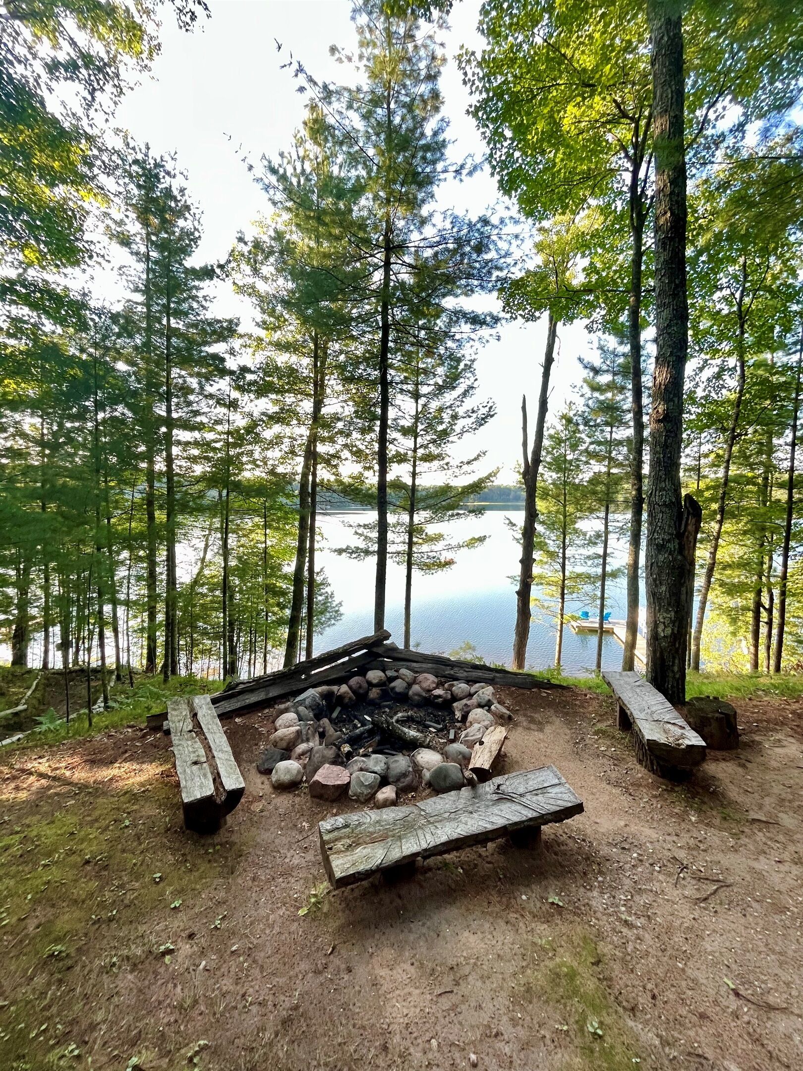 A campfire area surrounded by trees with a bench and a wooden platform.