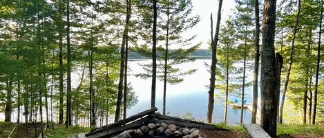 A campfire area surrounded by trees with a bench and a wooden platform.