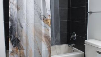 Hair dryer, towels, soap, toilet paper