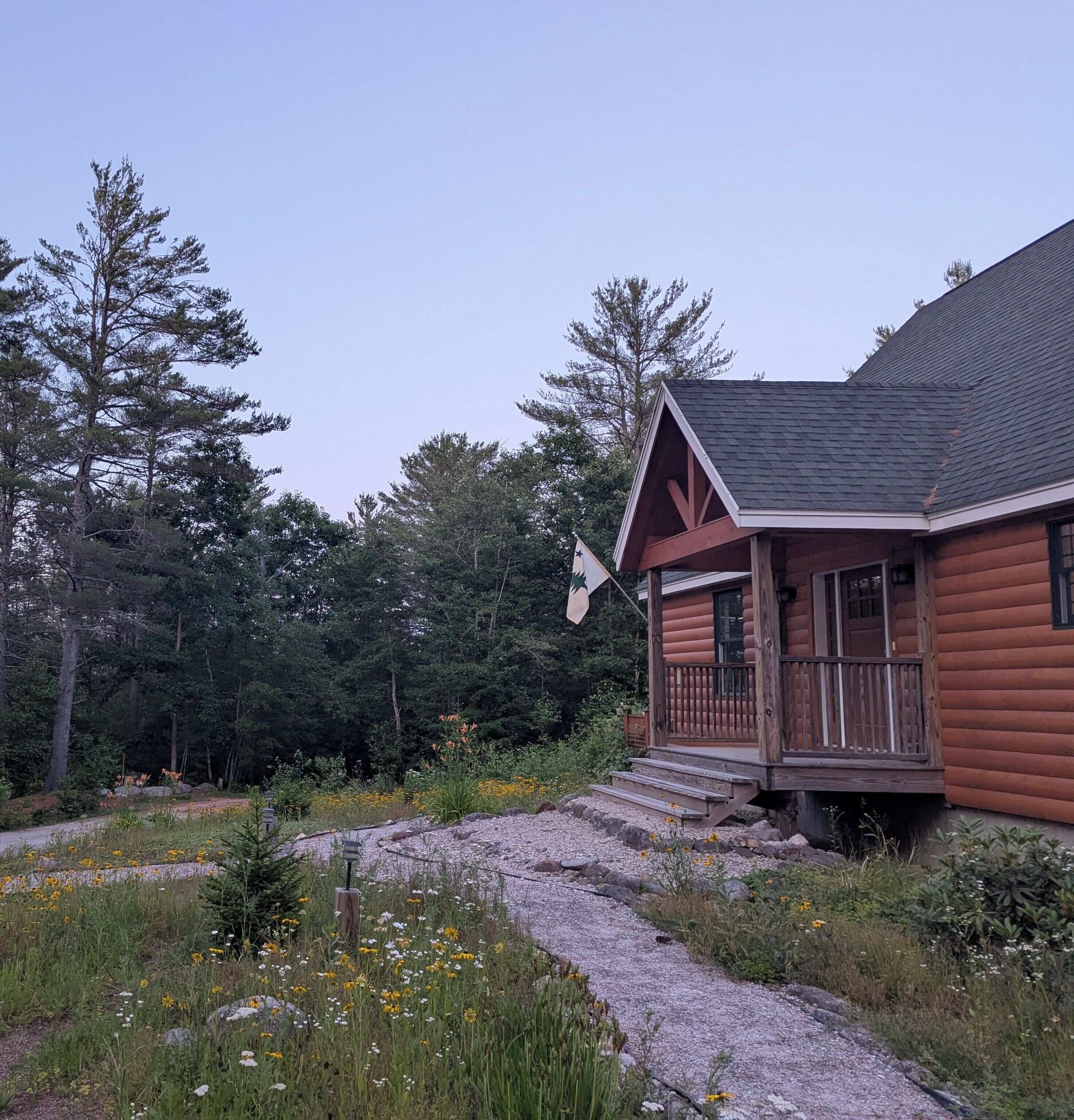 A log cabin with a porch, surrounded by a forest.