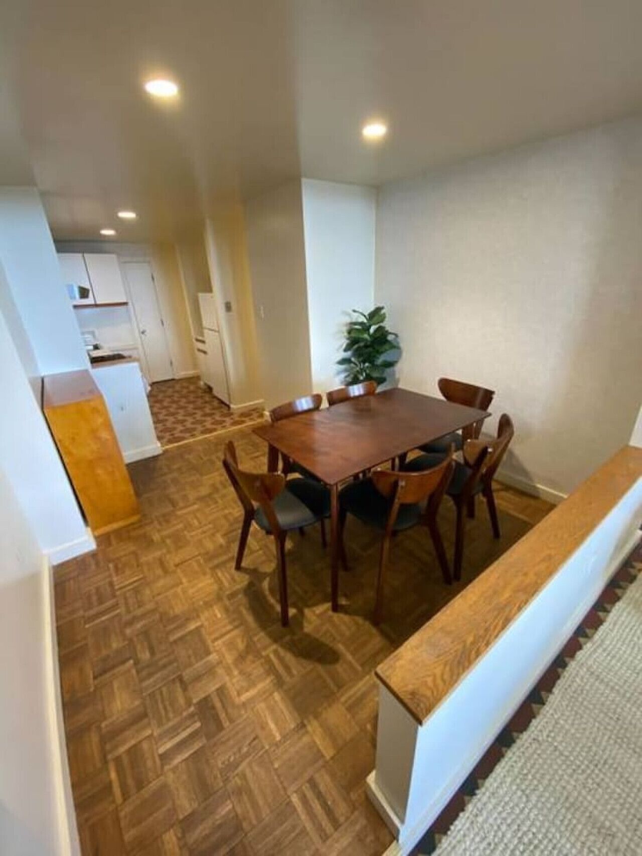 Un comedor con una mesa y sillas de madera, una planta en maceta y una cocina al fondo.