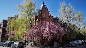 Un bâtiment historique doté d’une tour imposante et d’un cerisier en fleurs devant l’entrée.