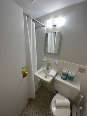 A small bathroom with a white sink, a mirror, a toilet, and a shower curtain. - Sleek Back Bay Studio (Boston)