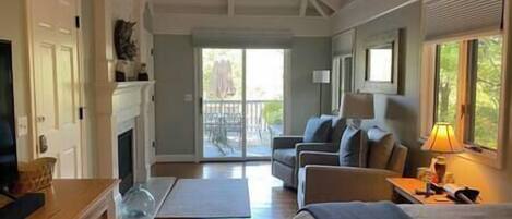 Televisión, chimenea y libros