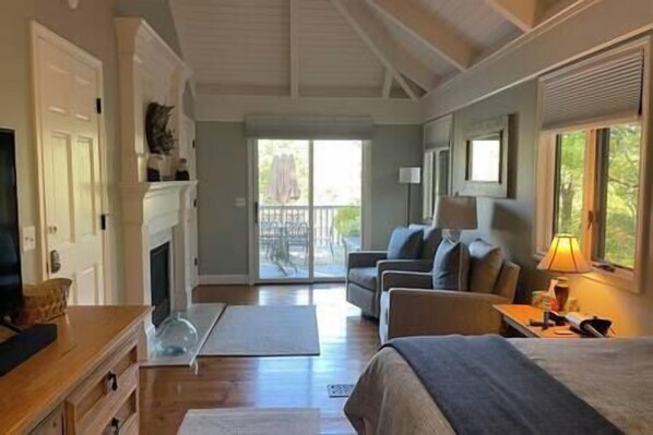 Televisie, een open haard en boeken