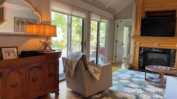 Televisie, een open haard en boeken