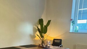 Une pièce comprenant une table de massage en bois, une grande plante, une fenêtre avec des stores et un radiateur.