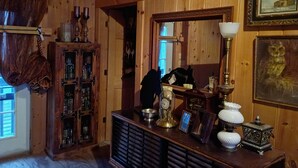 A wooden interior with a vintage radio, a clock, and a framed picture of an owl.