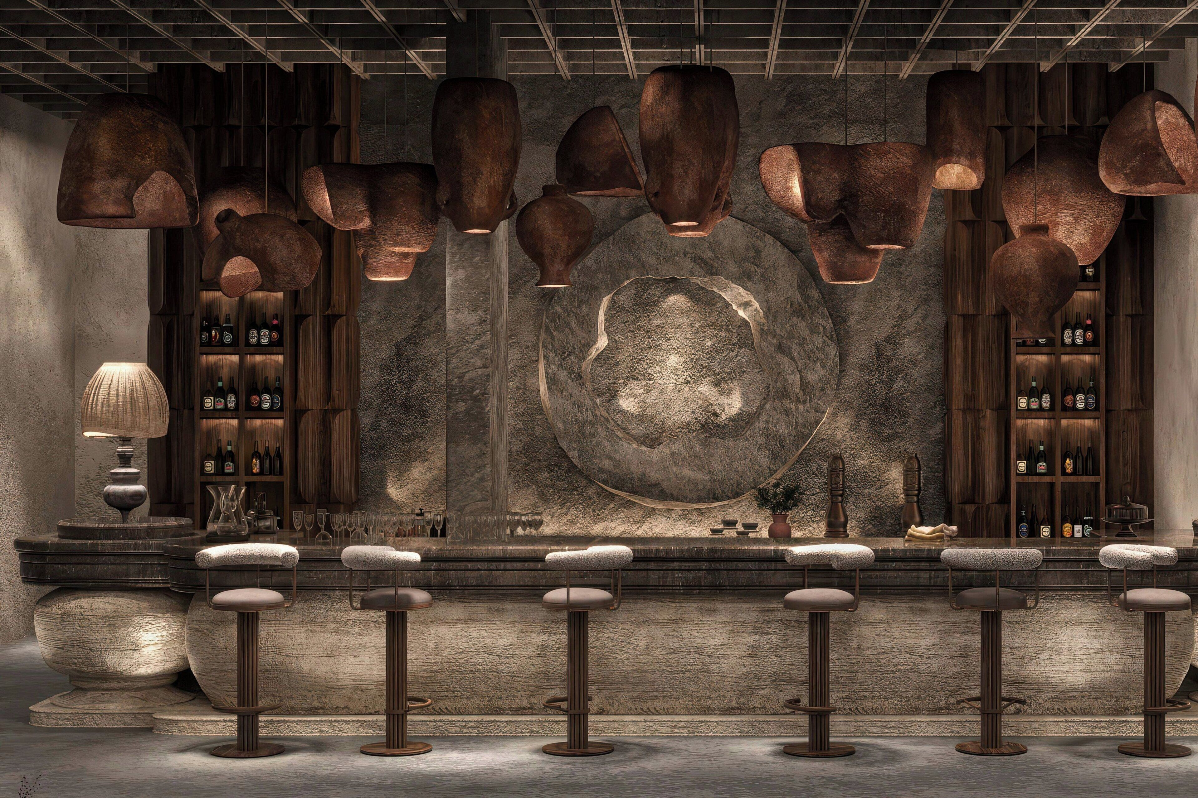 A bar area with multiple stools, hanging pendant lights, and shelves stocked with bottles.