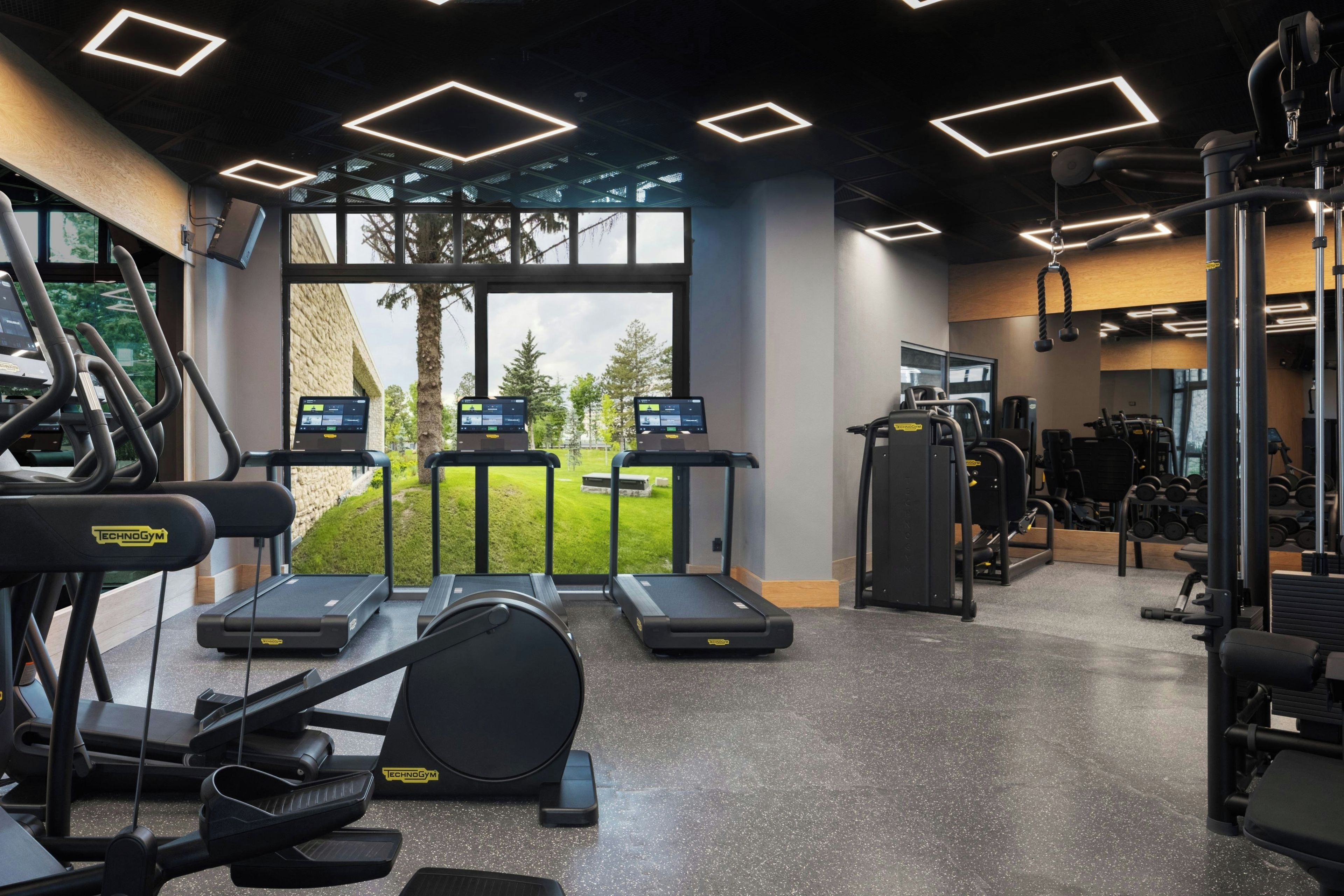A gym with treadmills, exercise bikes, and weight machines.