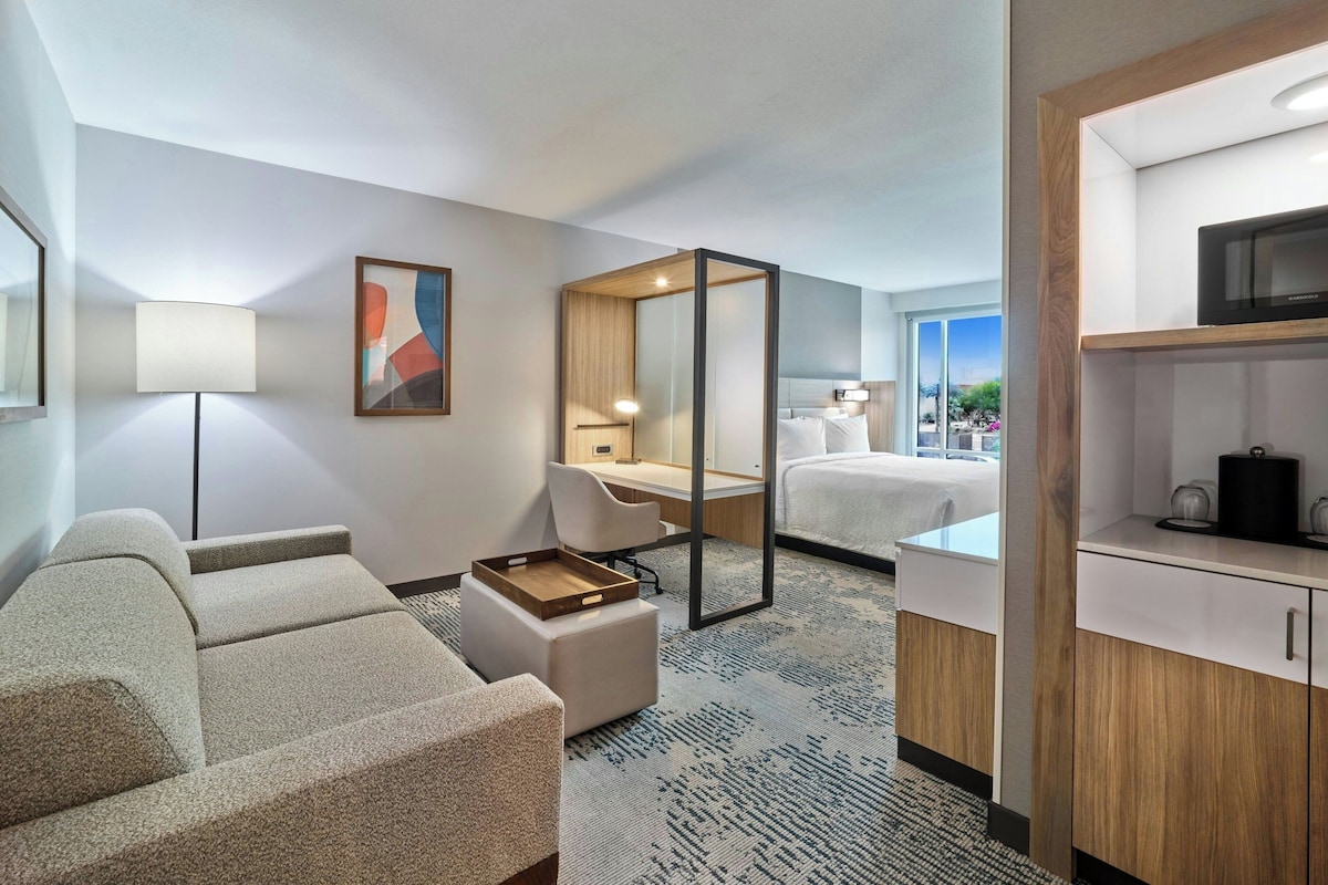 Ett hotellrum med en soffa, ett skrivbord, en säng, en TV och utsikt över omgivningarna.