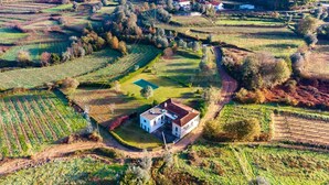 An aerial view of a rural property with terraced fields, a central building, and a swimming pool. - Casa Quinta de Agriboa (Ponte de Lima)