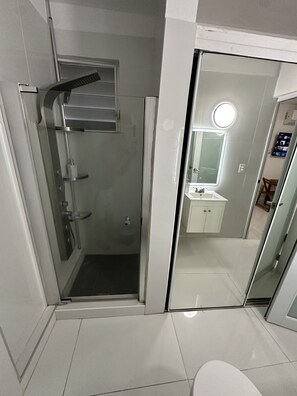 Ein modernes Badezimmer mit einer Duschkabine, einer Toilette und einem Waschbecken mit Spiegel darüber.