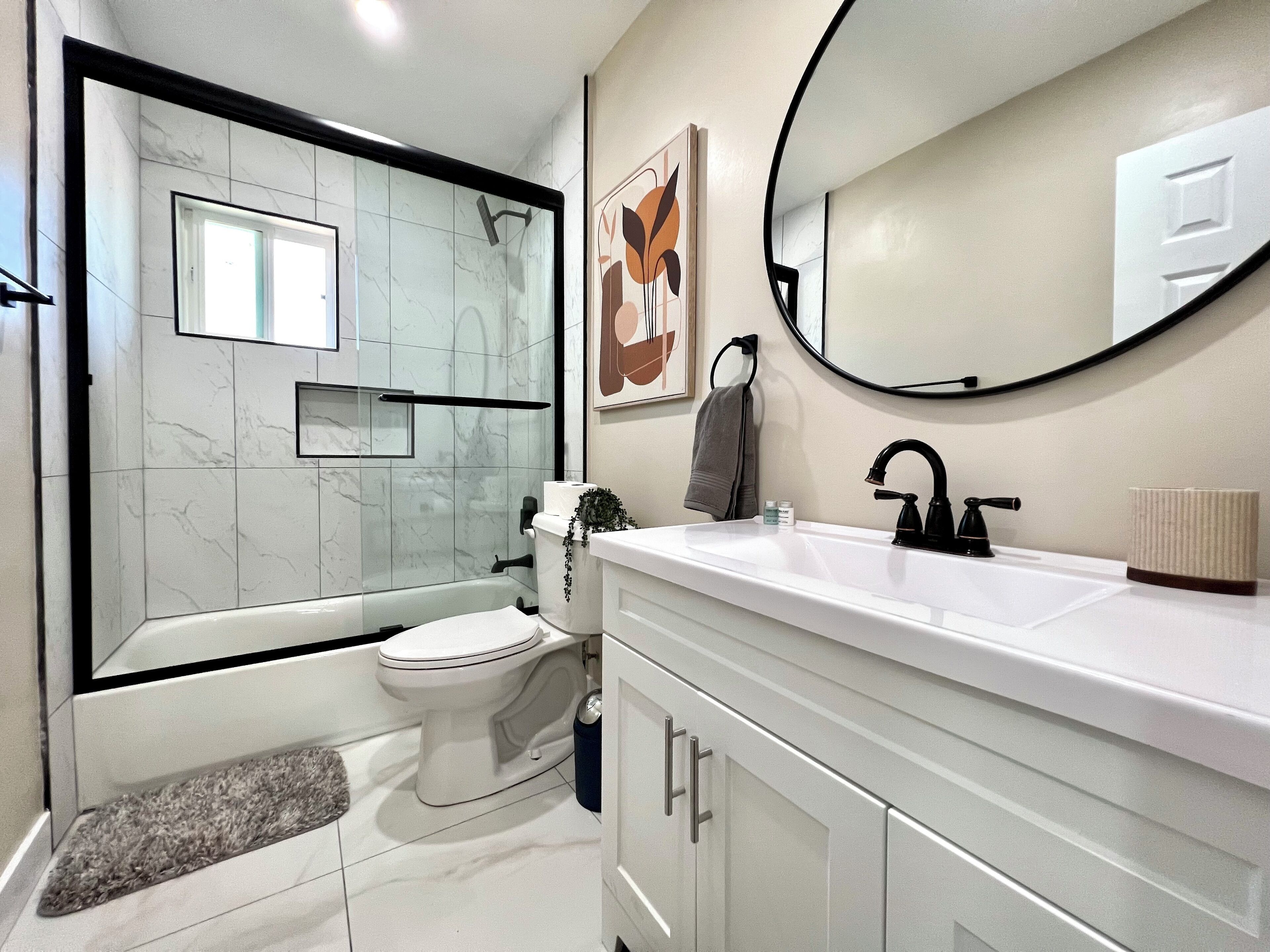 Hair dryer, towels, soap, toilet paper