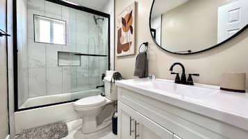 Hair dryer, towels, soap, toilet paper