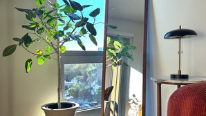Una habitación con un ventanal grande, una planta en maceta, un espejo, una lámpara y una alfombra estampada.