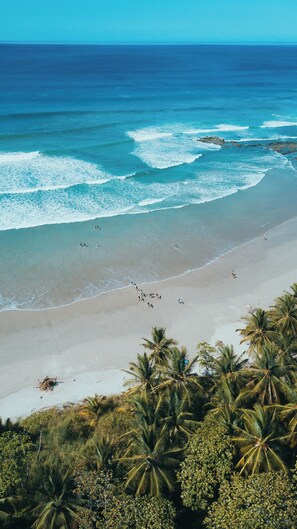 A beach with waves, people, and palm trees. - Bungalow in "marAmar" Gated eco-community, Santa Teresa. Walk to the beach! (Santa Teresa)