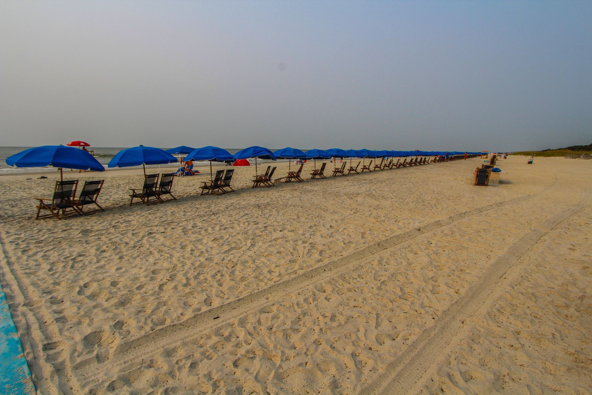 Une plage bordée de rangées de parasols bleus et de chaises longues en bois, alignées le long du sable.
