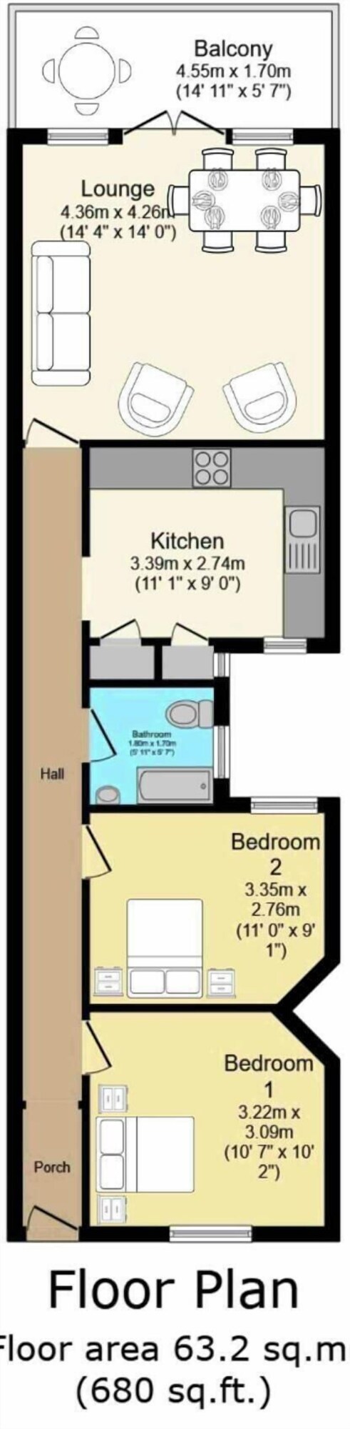 A floor plan of a hotel with a balcony, lounge, kitchen, bathroom, two bedrooms, and a porch. - Ferry Fab Pad By My Getaways (Shoreham-by-Sea)