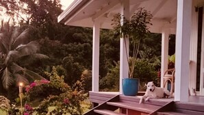 A wooden staircase leading to a covered porch with a torch. - Beachfront Retreat at Rainbow Reef (Savusavu)