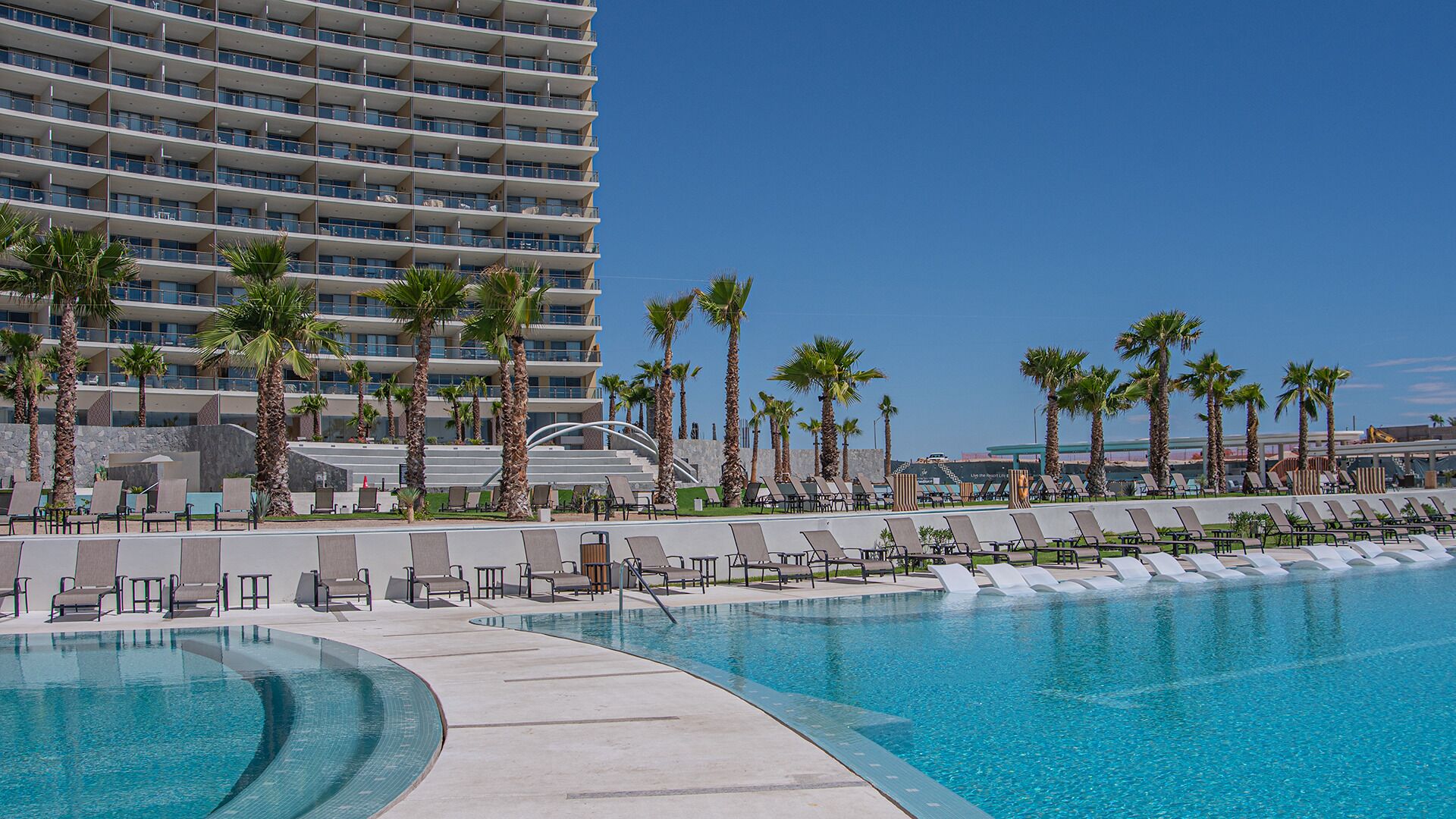 Un hotel con una grande piscina, palme e lettini.