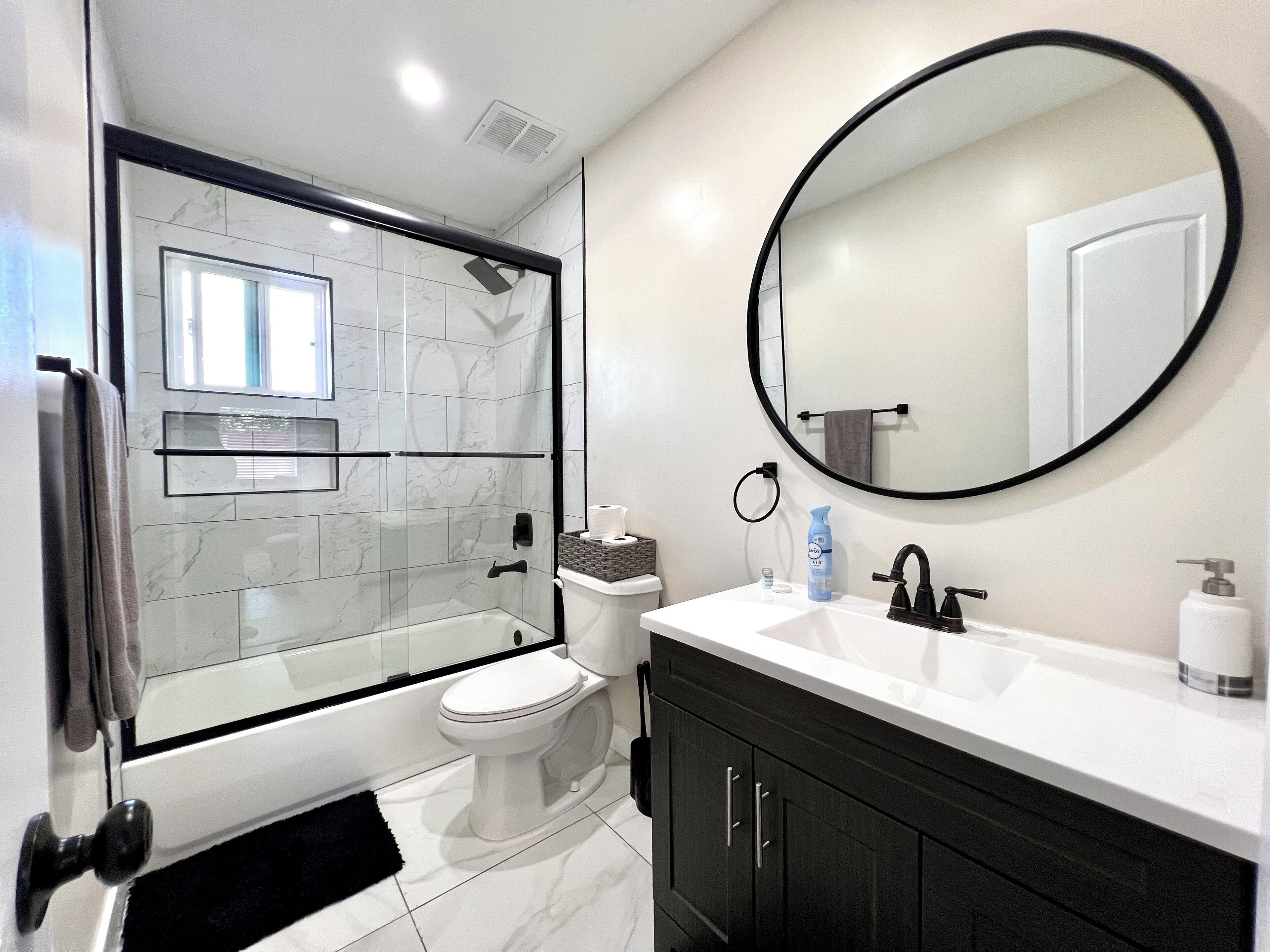 Hair dryer, towels, soap, toilet paper
