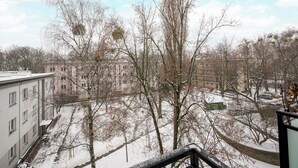 Um pátio coberto de neve, com árvores sem folhas e um edifício ao fundo.